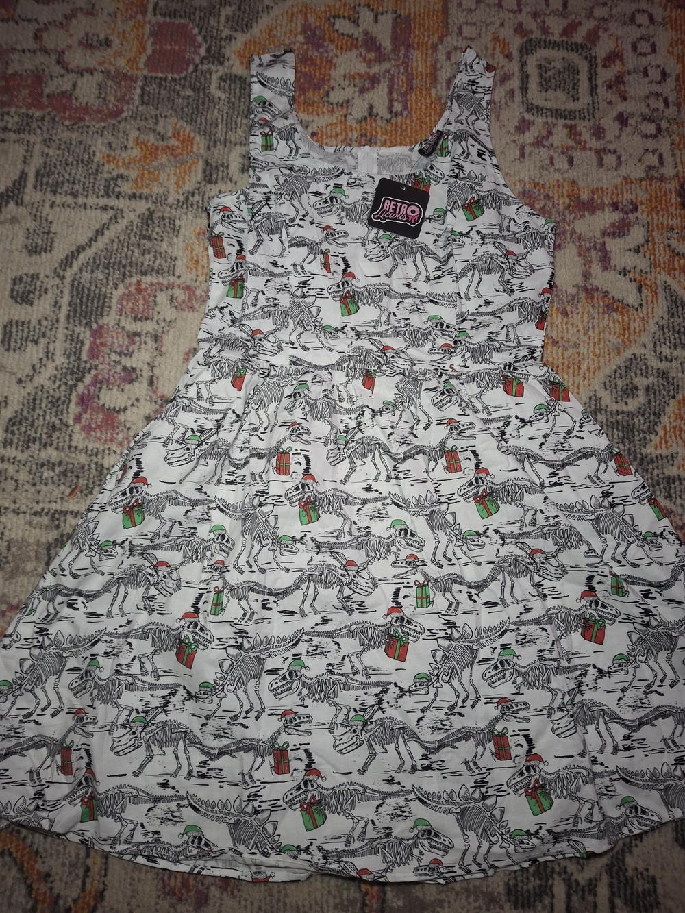 Retro White Womens Dress with Festive Dino Skeleton Print